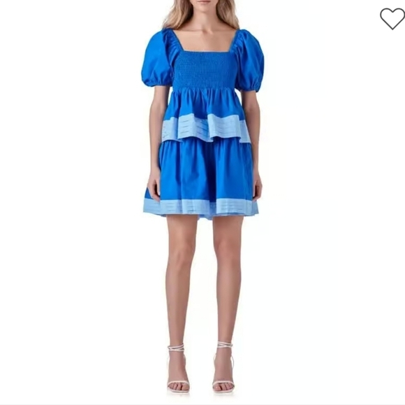 NWT English Factory Blue Puff Sleeve Tiered Smocked Mini dress size Large. - Picture 4 of 10